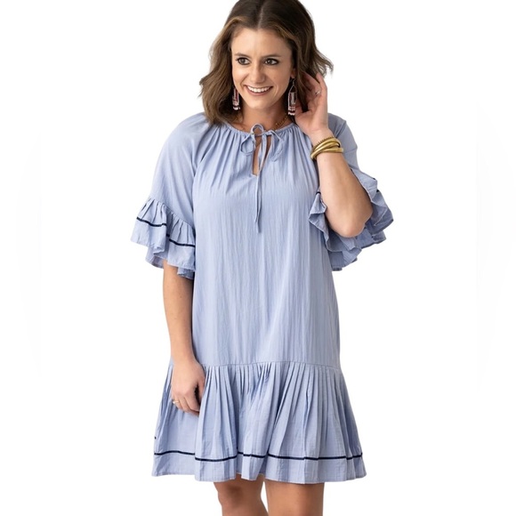 JODIFL Dresses & Skirts - JODIFL Soft Blue Dress Pleated Ruffle Detail Flowy Size L